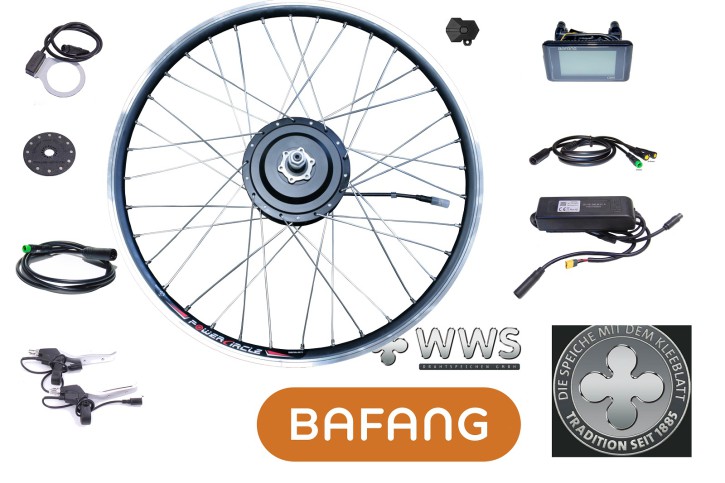 BAFANG 350W 36V 28" Hinterrad für Kassette 8/9/10 RWD Kit IP65 C961 G020 WWS V2A silber eingespeicht  E-Bike Umbausatz Nabenmotor